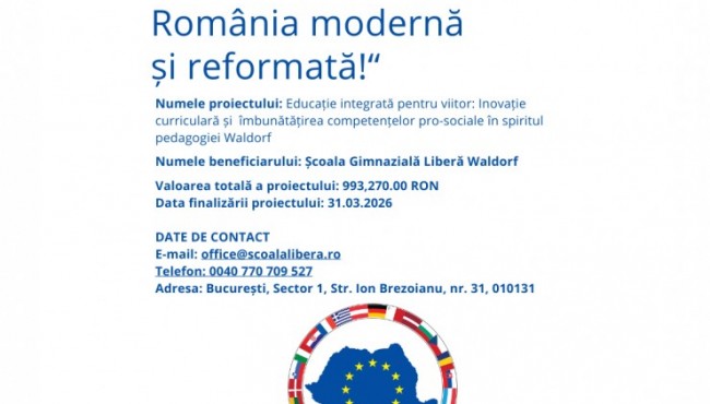 Şcoala Gimnazială Liberă Waldorf anunţă începerea proiectului Educație integrată pentru viitor, finanţat prin PNRR